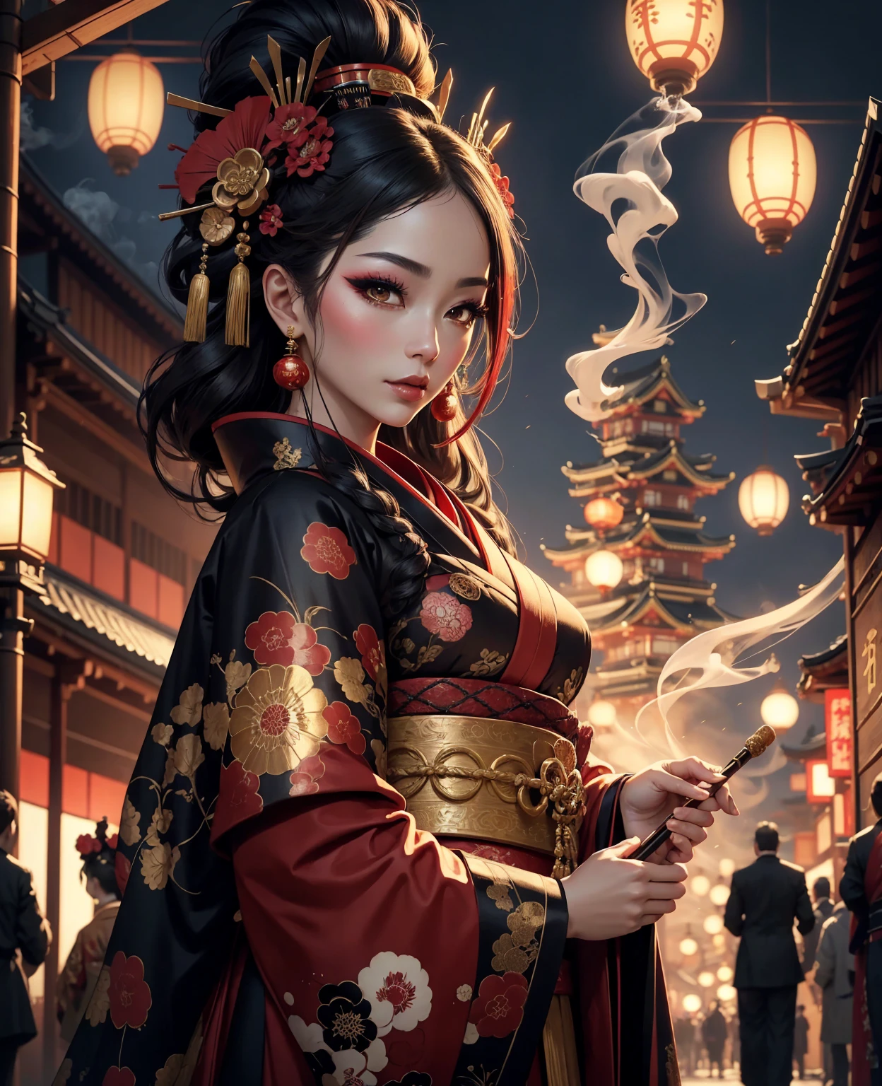 8k,Highest quality,close to viewerclose to viewer,god々A beautifully and gorgeously decorated courtesan,Black Japanese clothing,luxurious makeup,(Gorgeous black and red costume:1.2),(Oiran hair ornament,Big Barrel),(Smoke pipe),Osaka Castle seen in the distance,Courtesan Procession,Night scenery with lanterns lined up,Dynamic movement and powerful brushstrokes、Drawing strokes drawn with rot ring 0,