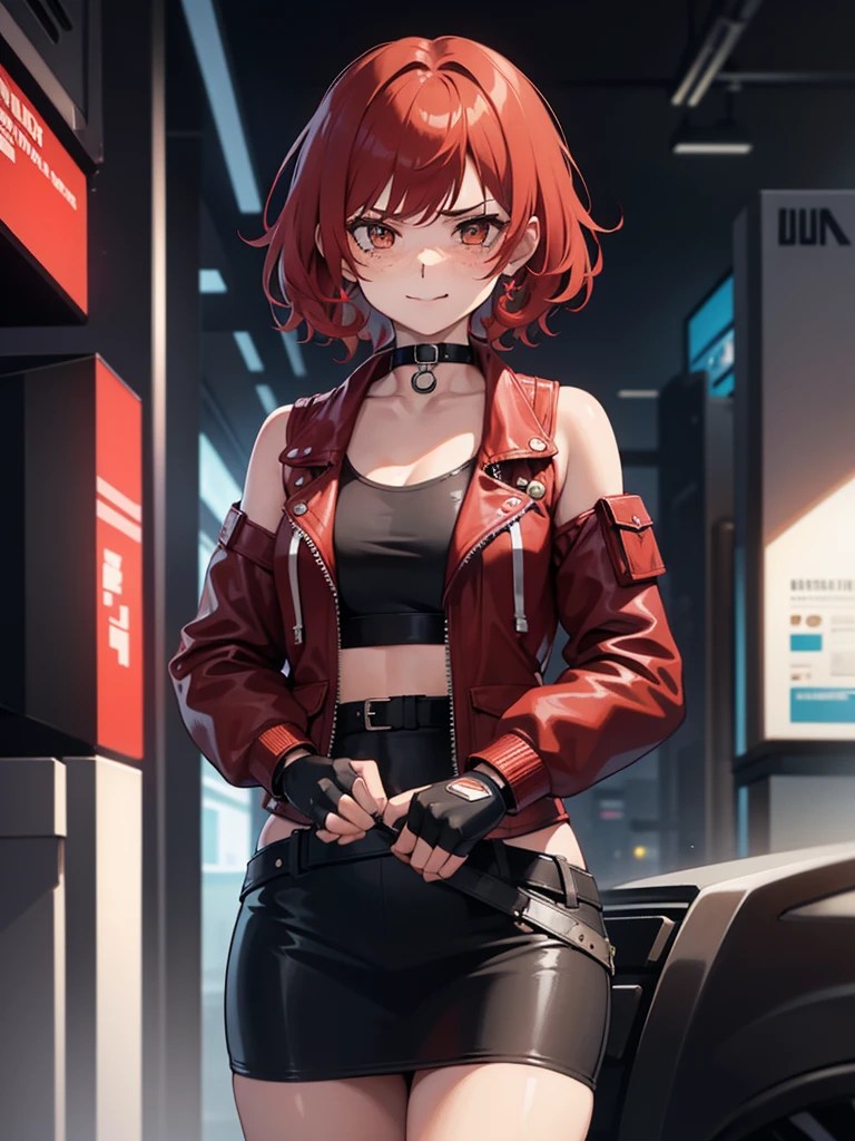 1 girl, Red hair, blushing, short length hair, curly hair, freckles, angry smile, brown eyes, body shape, fighter, small breasts, black choker, fingercut gloves, cyberpunk jacket