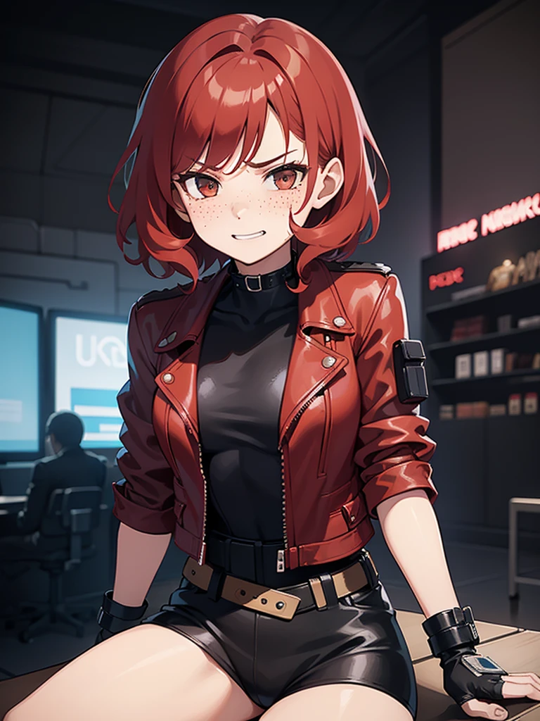 1 girl, Red hair, blushing, short length hair, curly hair, freckles, angry smile, brown eyes,   body shape, fighter, small breasts, black choker, fingercut gloves, cyberpunk jacket