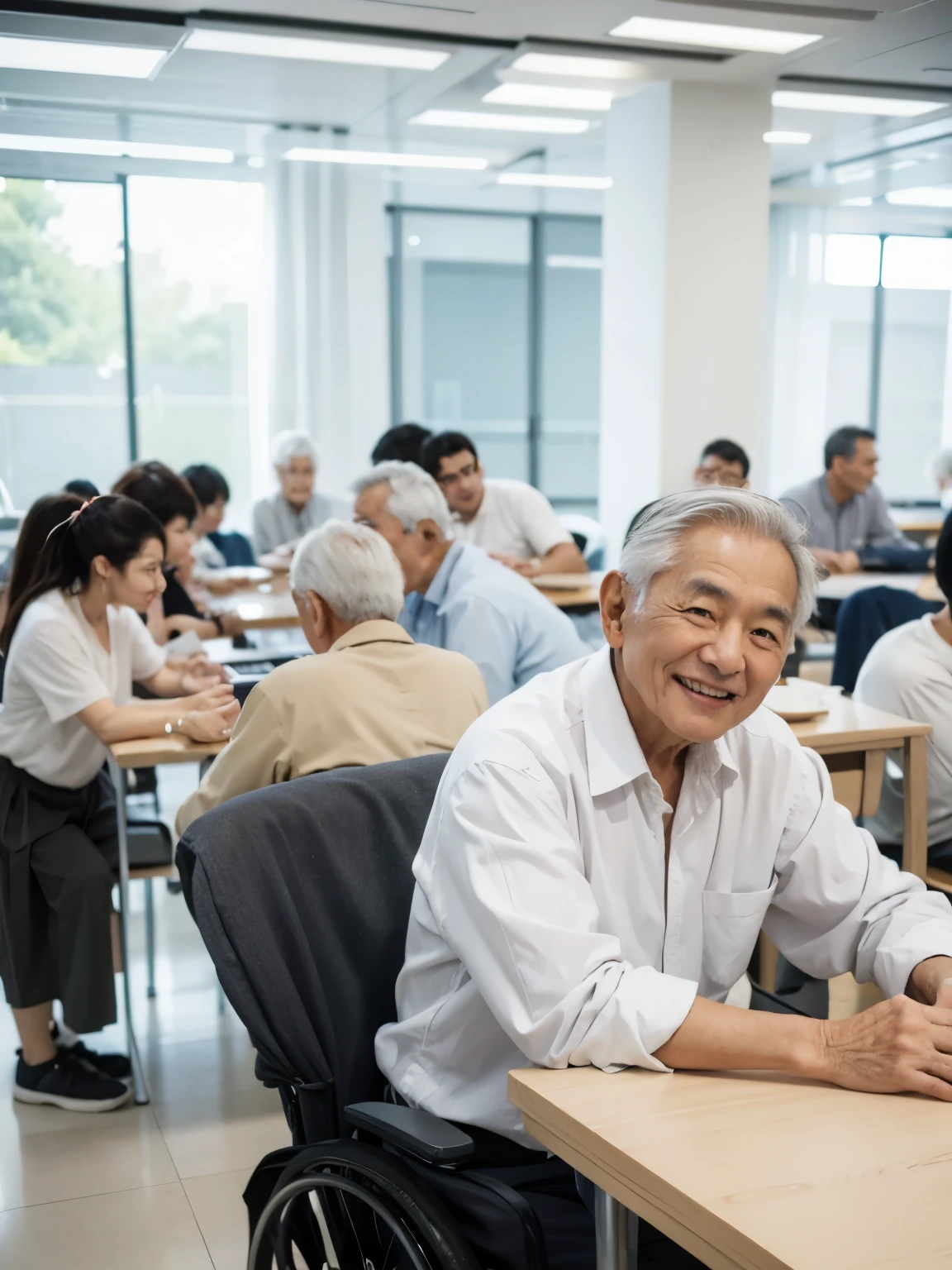 Gray-haired old man，Asia，80 years old，Smile，Rough skin