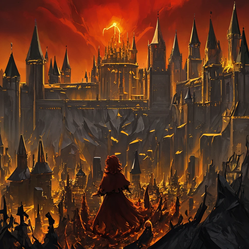 Create a Kingdom of Gold from Hell, With a Huge castle also made of gold in the center, Crimson red sky, Dark clouds, Withered trees, Dead skeletons, Birds eye view, Hellish landscape