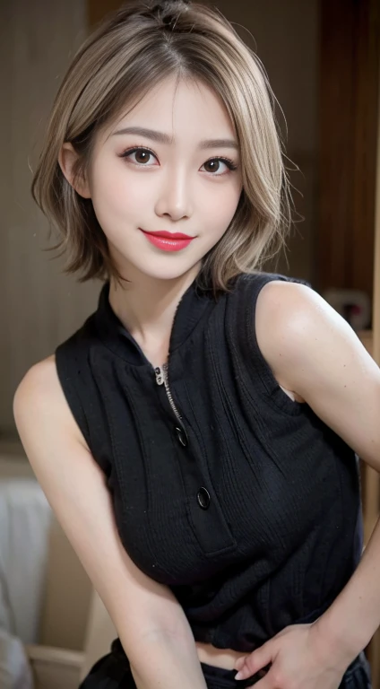 blush a little and smile, (Top quality masterpiece:1.2) Delicate illustrations, Very detailed, /Beautiful Japanese Woman、1 person,Very cute and slim、Great style 、((8k images、super high quality))、Very delicate face, Big Breasts、Skin and Hair、beautifule forehead、Red lipstick、(((((short hair、Blonde、lure))))),Very cute Japanese cut face、Eyes and nose are clearly visible、Kind eyes,((((Black sleeveless fashion))))
