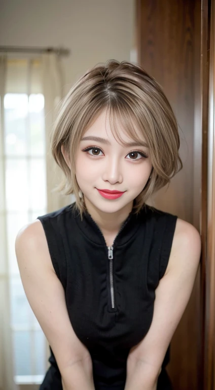 blush a little and smile, (Top quality masterpiece:1.2) Delicate illustrations, Very detailed, /Beautiful Japanese Woman、1 person,Very cute and slim、Great style 、((8k images、super high quality))、Very delicate face, Big Breasts、Skin and Hair、beautifule forehead、Red lipstick、(((((short hair、Blonde、lure))))),Very cute Japanese cut face、Eyes and nose are clearly visible、Kind eyes,((((Black sleeveless fashion))))