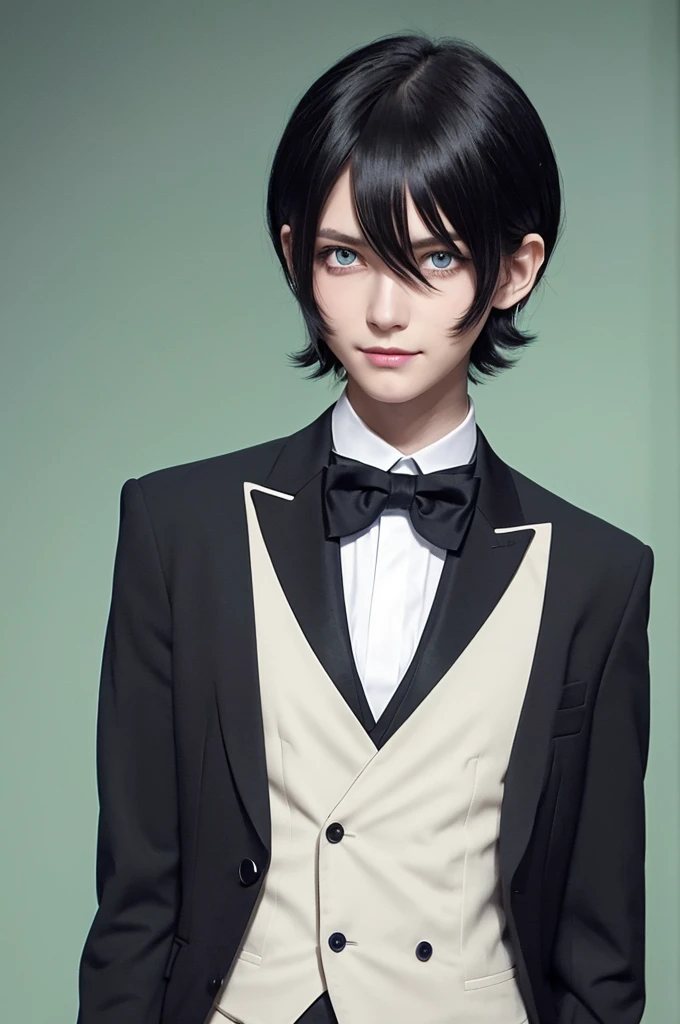 Androgynous male,Black Hair,Bob,Parted hair with hair tucked behind the right ear,Horizontal parting bangs,Blue-green eyes,Eyes with drooping corners,Spiteful smile,2D illustration,cute,suit,Butler,Morning Court
