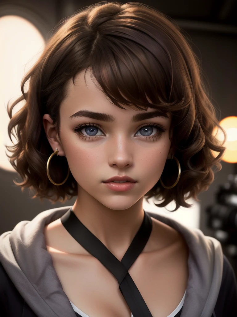 illustration, style of Philip Lorca diCorcia, cinematic film still portrait of young girl aged 18 yrs old, 1girl, solo, Instagram model, athletic figure, modest bust size, cute face, wearing a black bathrobe, light brown hair, short curly hair, crossed bangs, brown eyes, constricted pupils, hair ribbon, hoop earrings, cinematic lighting, Ultra-Wide Angle, Canon, Hyperrealism, UHD, masterpiece, textured skin, high details, best quality, detailed eyes, detailed iris, full body photo