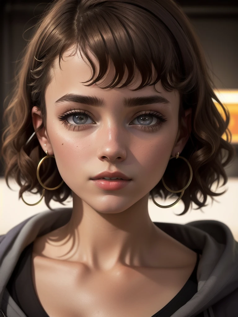illustration, style of Philip Lorca diCorcia, cinematic film still portrait of young girl aged 18 yrs old, 1girl, solo, Instagram model, athletic figure, modest bust size, cute face, wearing a black bathrobe, light brown hair, short curly hair, crossed bangs, brown eyes, constricted pupils, hair ribbon, hoop earrings, cinematic lighting, Ultra-Wide Angle, Canon, Hyperrealism, UHD, masterpiece, textured skin, high details, best quality, detailed eyes, detailed iris, full body photo