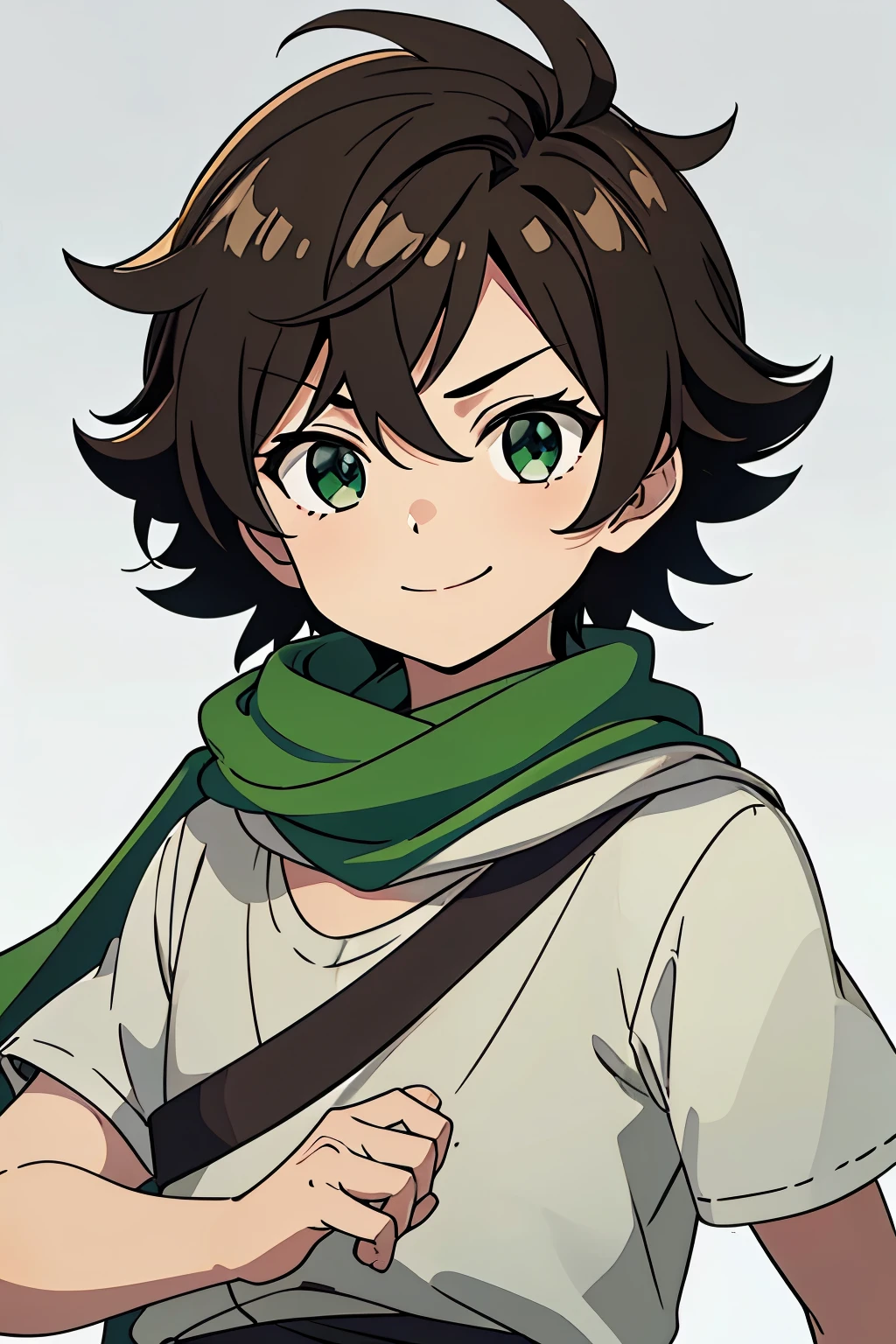 (high-quality, breathtaking),(expressive eyes, perfect face) 1boy, male, solo, , short height, age 5, darkown color hair, green eye color, spiked fluffy hair, wavy hair, short hair length, cute smile, childlike face, white tunic, green trim, green scarf, Symmetrical Eyes, portrait, positive expression, grey background, greek clothes, Hades Style clothing
