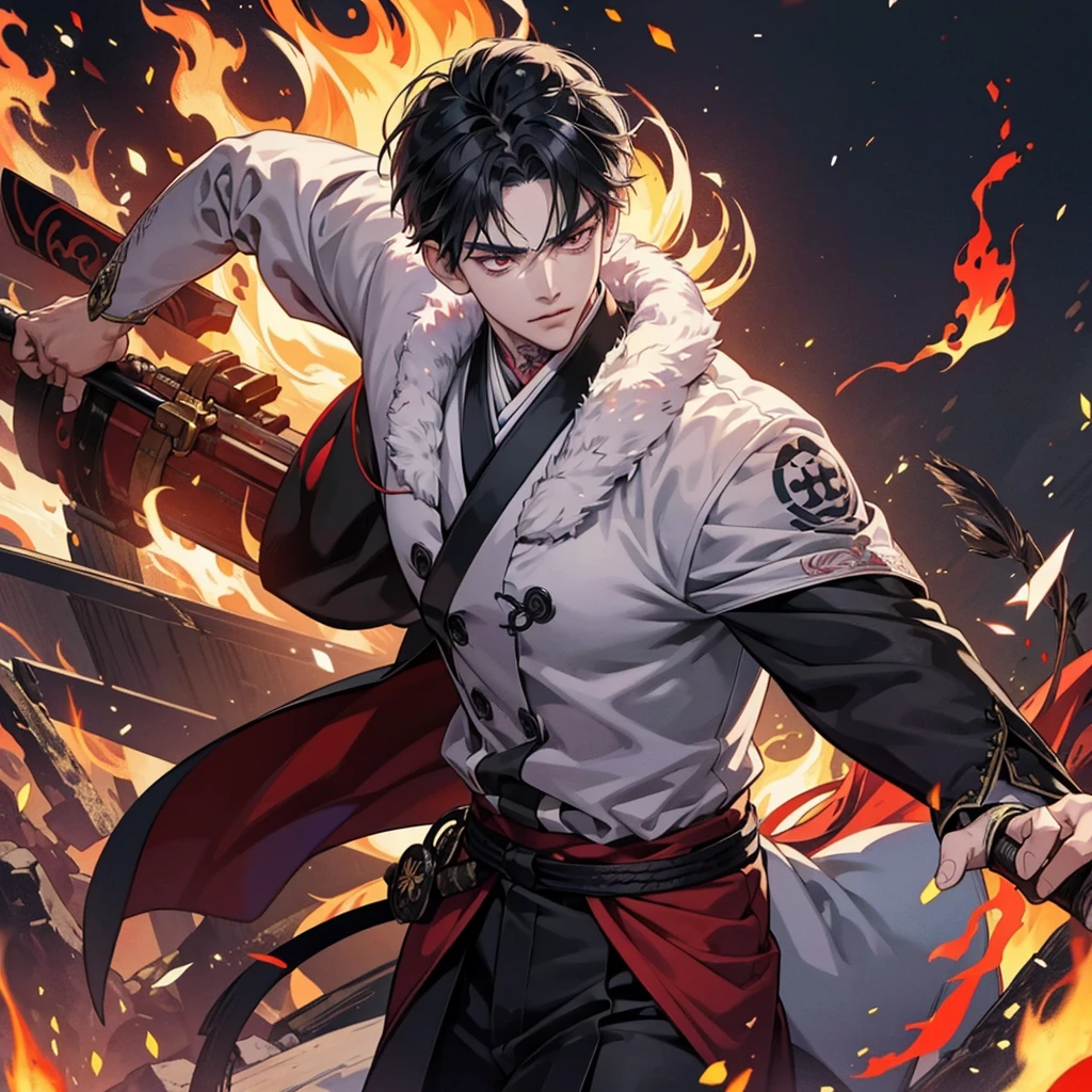 1 handsome Agatsuma Zenitsu, demon slayer, weapon, manly, handsome, weapon, tattoo, flame, demon slayer, 8k, hd, unreal engine,