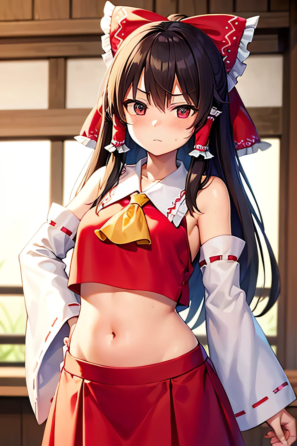 super fine illustration, vibrant colors, masterpiece, sharp focus, best quality, depth of field, cinematic lighting, ultra detailed, blush, annoyed, belly button, navel , tummy, shrine maiden, hakurei reimu, 1girl, hair bow, ascot, hair tubes, detached sleeves, looking down, red shirt, red skirt, very long curly hair, very messy hair, dark brown hair, indoors, mature woman, ,hakurei reimu, 1girl, hair bow, ascot, hair tubes, miko, detached sleeves, Reimu Hakurei, long skirt, medium breasts, leaning on wall