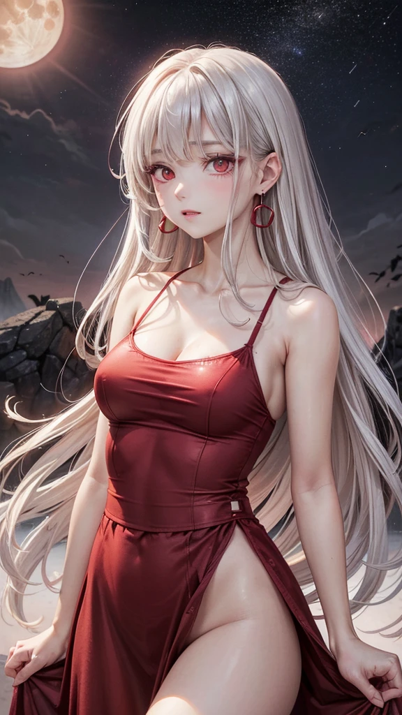 (Highest quality,Very detailed,High resolution:1.2),One Girl,Gray Hair,The most beautiful girl in human history,(1 photo from the front)、暗い red eyes (暗いred eyes:1.1),悲しげなaura(aura:1.1),(mysterious,Ghostly:1.1) atmosphere,Looks like half a demon,(Demonic traits,Demonic traits),(Elaborate,wonderful) Earrings,Small Ass,Elongated beautiful legs、Long skirt、Red camisole、Slightly short semi-long hair,The bangs are parted to the side、 ((Upper Body Shot)), (Focus on the chest and face), Medium sized big breasts,A big full moon shines in the dark night sky、Dirty body、Clear eyes、Are standing