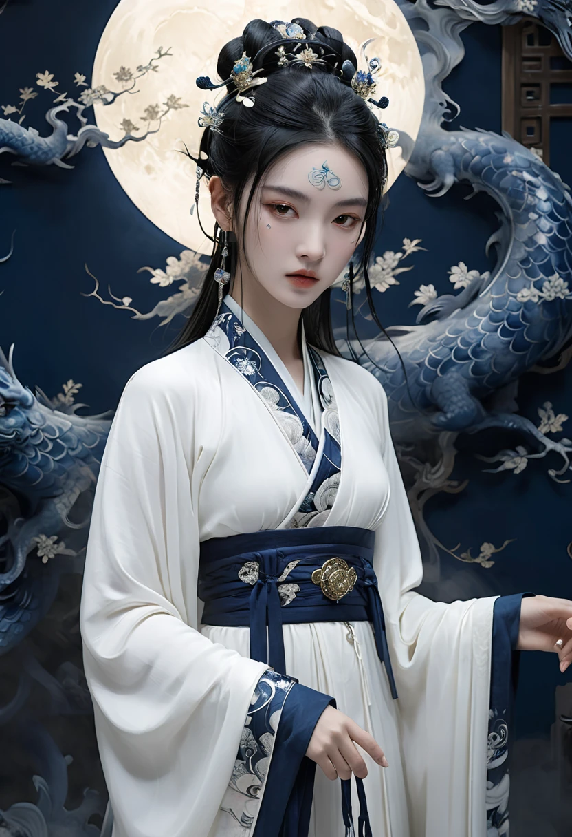 fractal art,Light white and dark indigo, A mysterious girl from ancient China with hanfu, with a dark aesthetic that is poignant, eerie, and bizarre, in the style of dark surrealist imagery, Conceptual scene, Chinese interior scene, ethereal fantasy, otherworldly atmosphere, Walter Crane