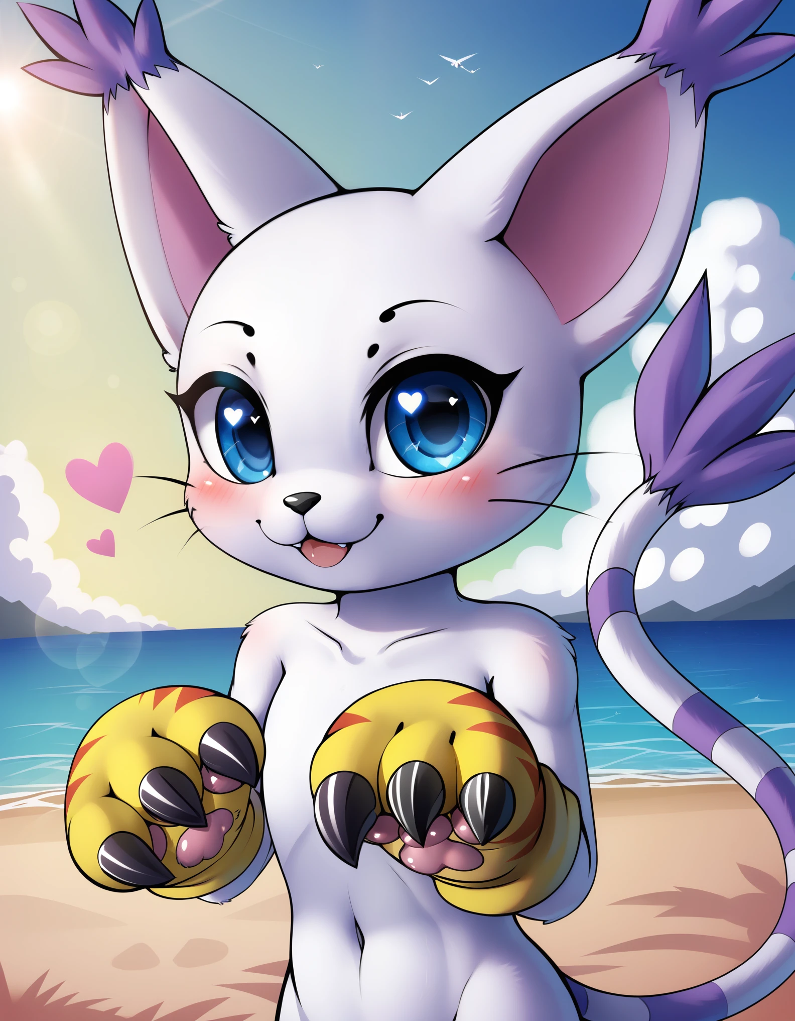 gatomon, feral, (digimon), solo, looking at viewer, blue eyes, white fur, striped tail, gloves, paw gloves, pawpads,, (masterpiece,best quality)),best res,good anatomy,cute,(sexy:1.3),ultra cute face,hot,female,smiling,extremely detailed face,4k,happy, upper body,,detailed eyes,beautiful,smiling,,cute,very cute,, solo,, smile, tail,blushing,upper body,leaning,closer,tall,arms,female,heart,large breast.tall,standing,middle of a beach,,gatomon,skinny,,gloves,claws,tail,whiskers, yellow gloves, striped tail, digimon (creature), pawpads,1boy,