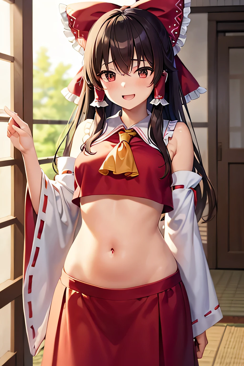 super fine illustration, vibrant colors, masterpiece, sharp focus, best quality, depth of field, cinematic lighting, ultra detailed, blush, annoyed, pursed lips, belly button, tummy, shrine maiden, hakurei reimu, 1girl, hair bow, ascot, hair tubes, detached sleeves, looking down, red shirt, red skirt, long skirt, long hair, dark brown hair, indoors, mature woman, hand on own stomach