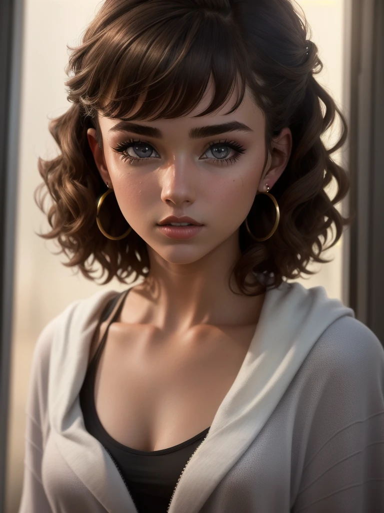 illustration, style of Philip Lorca diCorcia, cinematic film still portrait of young girl aged 18 yrs old, 1girl, solo, Instagram model, athletic figure, modest bust size, cute face, wearing a black bathrobe, light brown hair, short curly hair, crossed bangs, brown eyes, constricted pupils, hair ribbon, hoop earrings, cinematic lighting, Ultra-Wide Angle, Canon, Hyperrealism, UHD, masterpiece, textured skin, high details, best quality, detailed eyes, detailed iris, full body photo