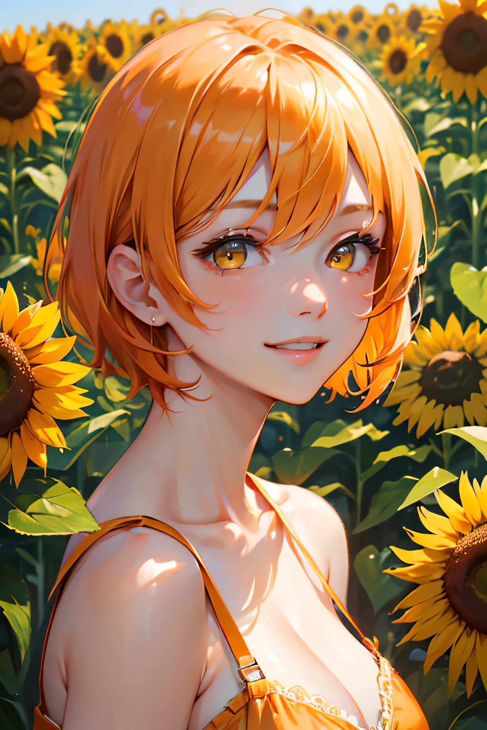 Beautiful adult woman、((Orange short hair))(Yellow Eyes))、A strong smile、Face close-up、Sunflower is blooming