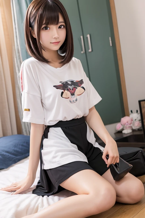Japanese woman cute 3D anime camisole hot pants sitting on knees in bedroom