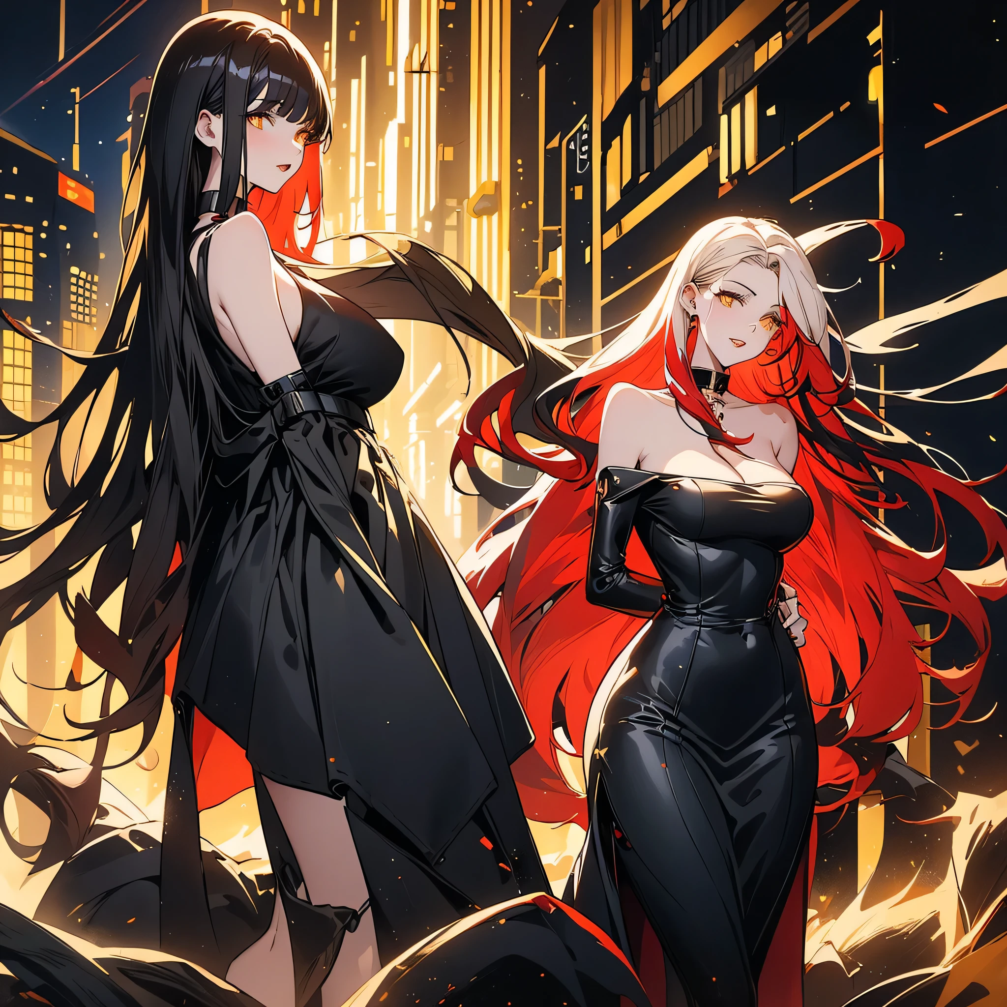 Young adult woman with pale skin, Red lips, sharp yellow eyes, slim and proportionate body, long loose wavy black hair, wearing a tight black dress with a loose collar where her cleavage can be admired, v cut in skirt wearing purse in a city at night