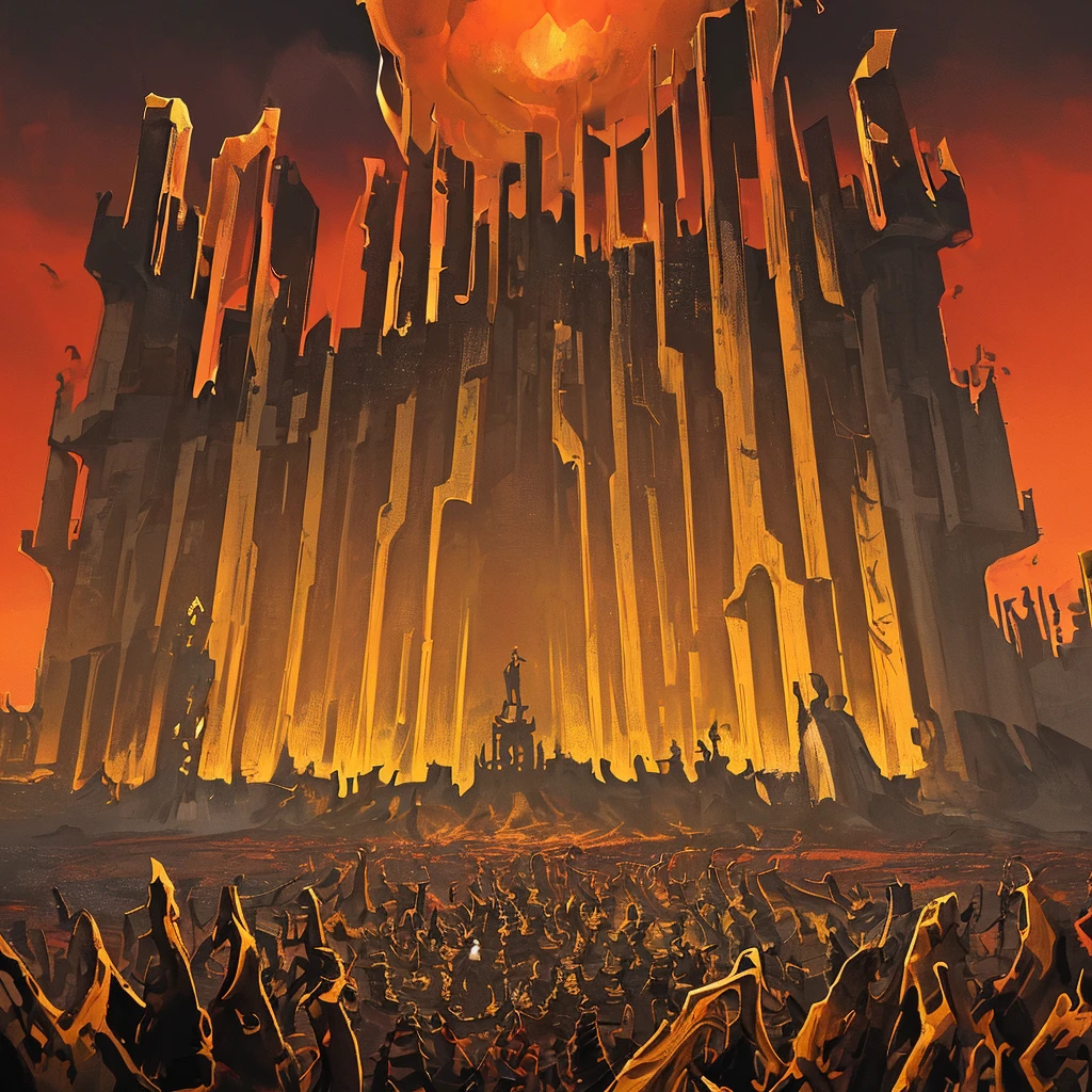 Create a Kingdom of Gold from Hell, a Huge menacing castle made of gold in the center, Crimson red sky, Dark clouds, Red Thunder, Withered trees, Dead skeletons, Birds eye view, Hellish landscape