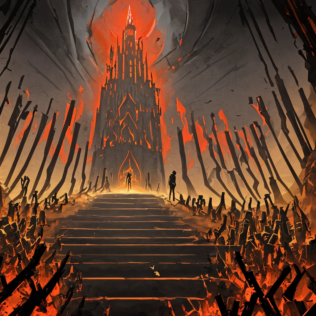 
Create a Kingdom of Gold from Hell, a Huge menacing castle made of gold in the center, Crimson red sky, Dark clouds, Red Thunder, Withered trees, Dead skeletons, Birds eye view, Hellish landscape