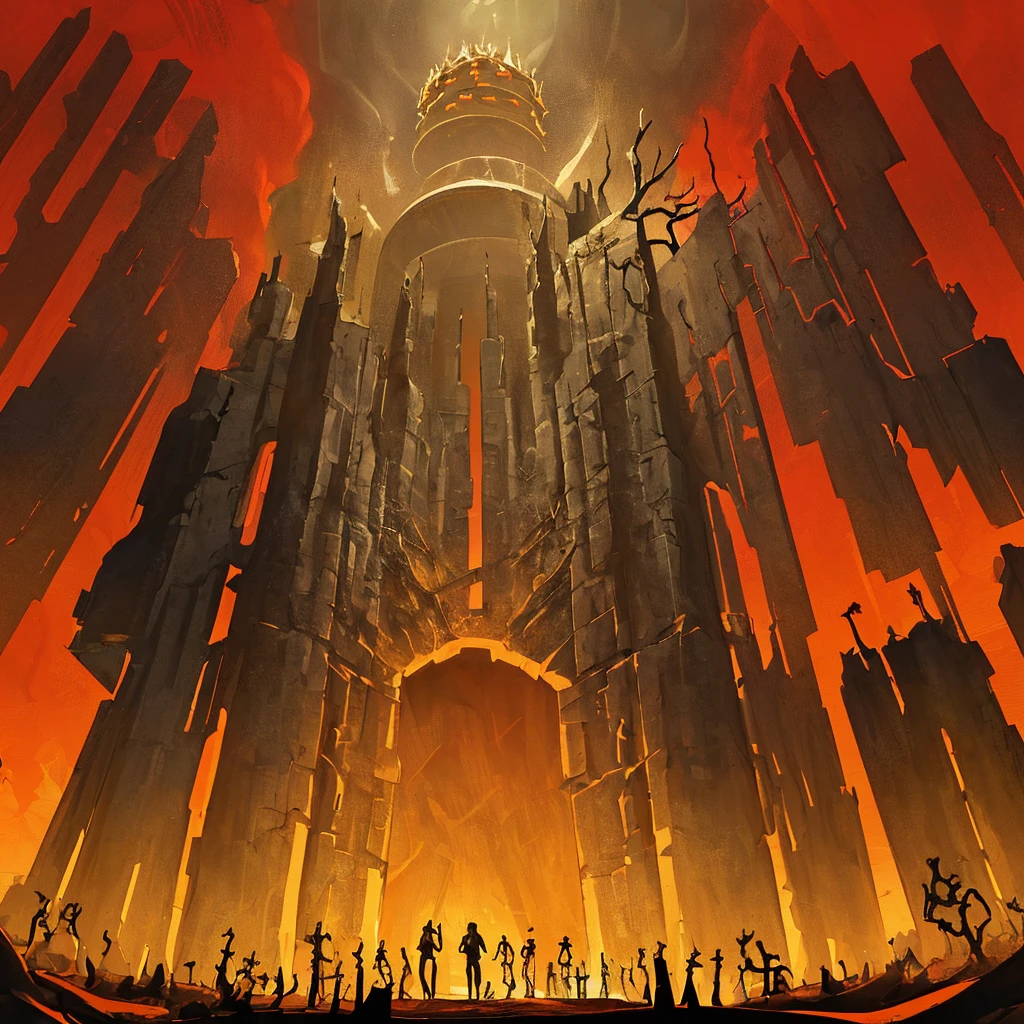 
Create a Kingdom of Gold from Hell, a Huge menacing castle made of gold in the center, Crimson red sky, Dark clouds, Red Thunder, Withered trees, Dead skeletons, Birds eye view, Hellish landscape