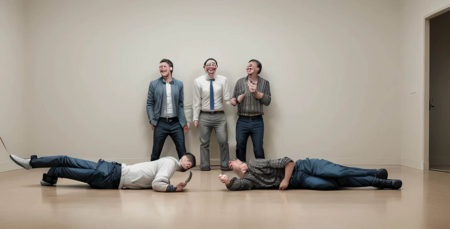 3 men in ordinary clothes laughing at another man who fell to the floor