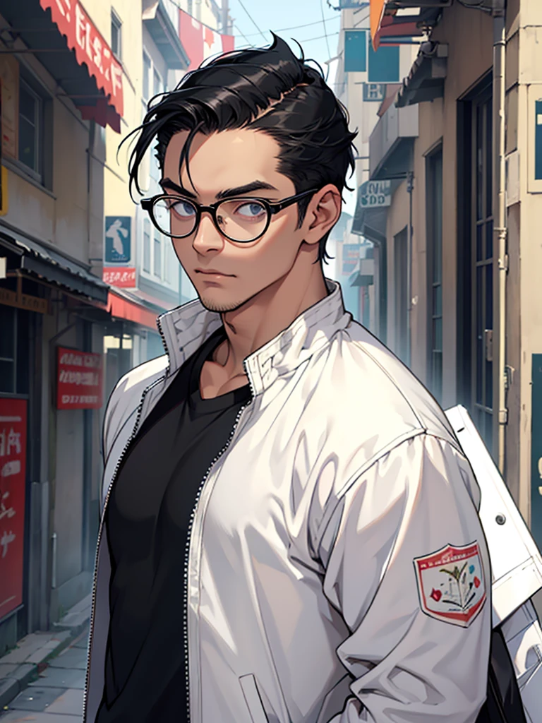 ((Best quality)), ((masterpiece)), top quality), standing alone, black hair, parted hairline, male, White T - shirt, round glasses, jacket