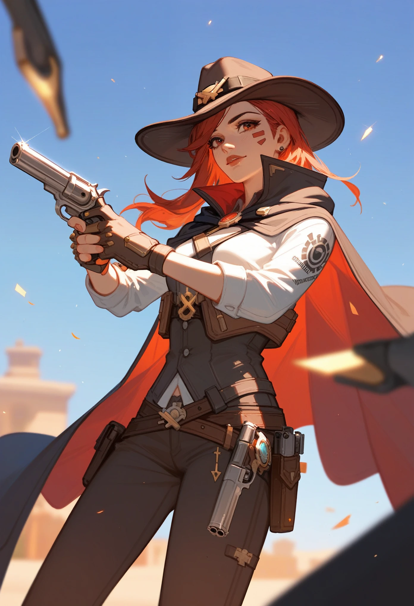 (Fraction_9,Fraction_8_Direction_7_up), ((A woman)),McRae,cowboy,Overwatch,Revolver,cloak,