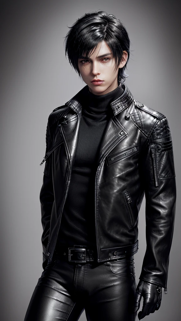 Final fantasy taste and reality graphics, ((Japanese young cute and cool ikemen boy)), his age is early 20s, thin eyebrows and beady eyes, ((he wearing black color leather thick and heavy material jacket)), ((jacket is single-brest)), , ((jacket is large size)),((with epaulet)), ((jacket is long sleeve)), ((zip up, front of the leather jacket)), , ((voluminous leather jacket)), ,((jacket is high length, and stand-up collar)) ((jacket collar with two belts)), ((jacket is a little black color line pattern)), ((also wearing black thick material turtleneck lackluster shirts)), ((tight black leather pants)), ((put black leather tight and thin glove on both hands)), ((black leather glove)),((black leather knee-high raceup boots)),((must views head-to-toe)),((must views whole body)), ,((Do not show skin from the neck down)),leather jacket leather glove and leather pants have few wrinkles, Avoid showing your innerwear,zip up jacket fastner.((must put on a leather glove)).
Boy is black hair.boy looks like fashion model.
Boy in the dim room.