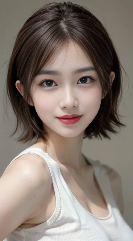blush a little and smile, (Top quality masterpiece:1.2) Delicate illustrations, Very detailed, /Beautiful Japanese Woman、1 person,Very cute and slim、Great style 、((8k images、super high quality))、Very delicate face, Skin and Hair、Big Breasts、beautifule forehead、Red lipstick、(((((short hair、Light brown hair、lure))))),Very cute Japanese cut face、Eyes and nose are clearly visible、Kind eyes,((((White sleeveless fashion))))