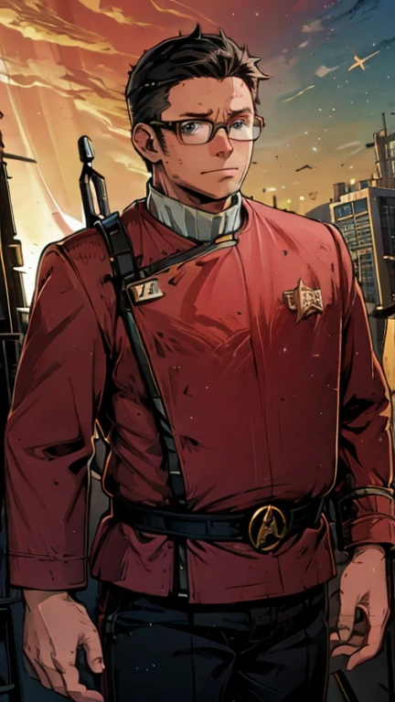 (Teens:1boy: chubby,twokunf uniform), (extremely detailed CG unit 8k wallpaper),(master part), (best quality), (ultra detali), (best illustration),(melhor ombre), cowboy shot, (Sharp eyeliner, ombre, detailed eyes:1), Starship bridge background, ,break , (star15escola:1.2), upper body,short hair, black hair, 1man,1boy, red top, black pant, glasses 