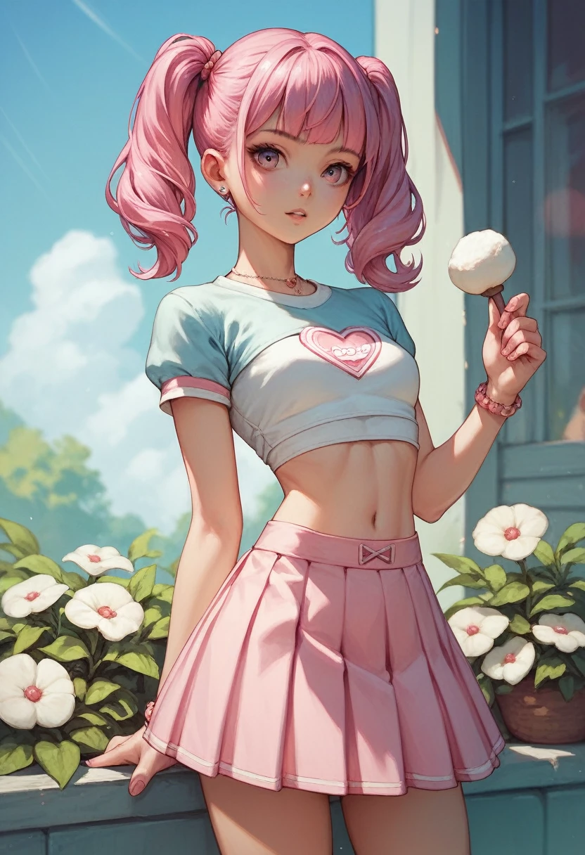 1 pretty woman, short pink hair with pigtails, small waist, skinny, small crop top, cotton skirt,