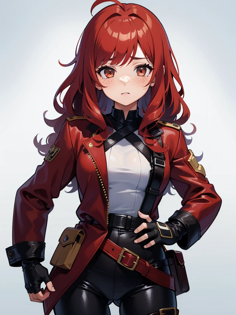 1 girl, Red hair, blushing, curly hair, medium length hair, freckles, brown eyes, fighter, small breasts, fingercut gloves, blue jacket
