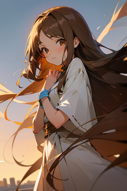 Draw a drawing of a girl with these characteristics 1.70 m, with long straight brown hair, brown eyes and softer, more feminine facial features. anime version