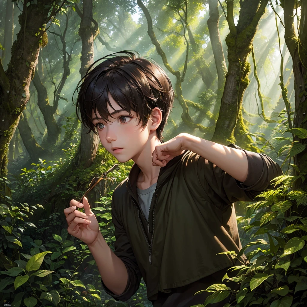 a boy in the forest, detailed facial features, messy brown hair, wandering through dense evergreen trees, sunlight filtering through the leaves, mossy rocks and roots, serene forest atmosphere, intricate details, high quality, cinematic lighting, realistic painting