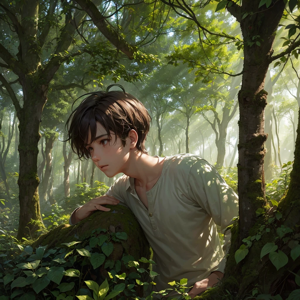 a boy in the forest, detailed facial features, messy brown hair, wandering through dense evergreen trees, sunlight filtering through the leaves, mossy rocks and roots, serene forest atmosphere, intricate details, high quality, cinematic lighting, realistic painting