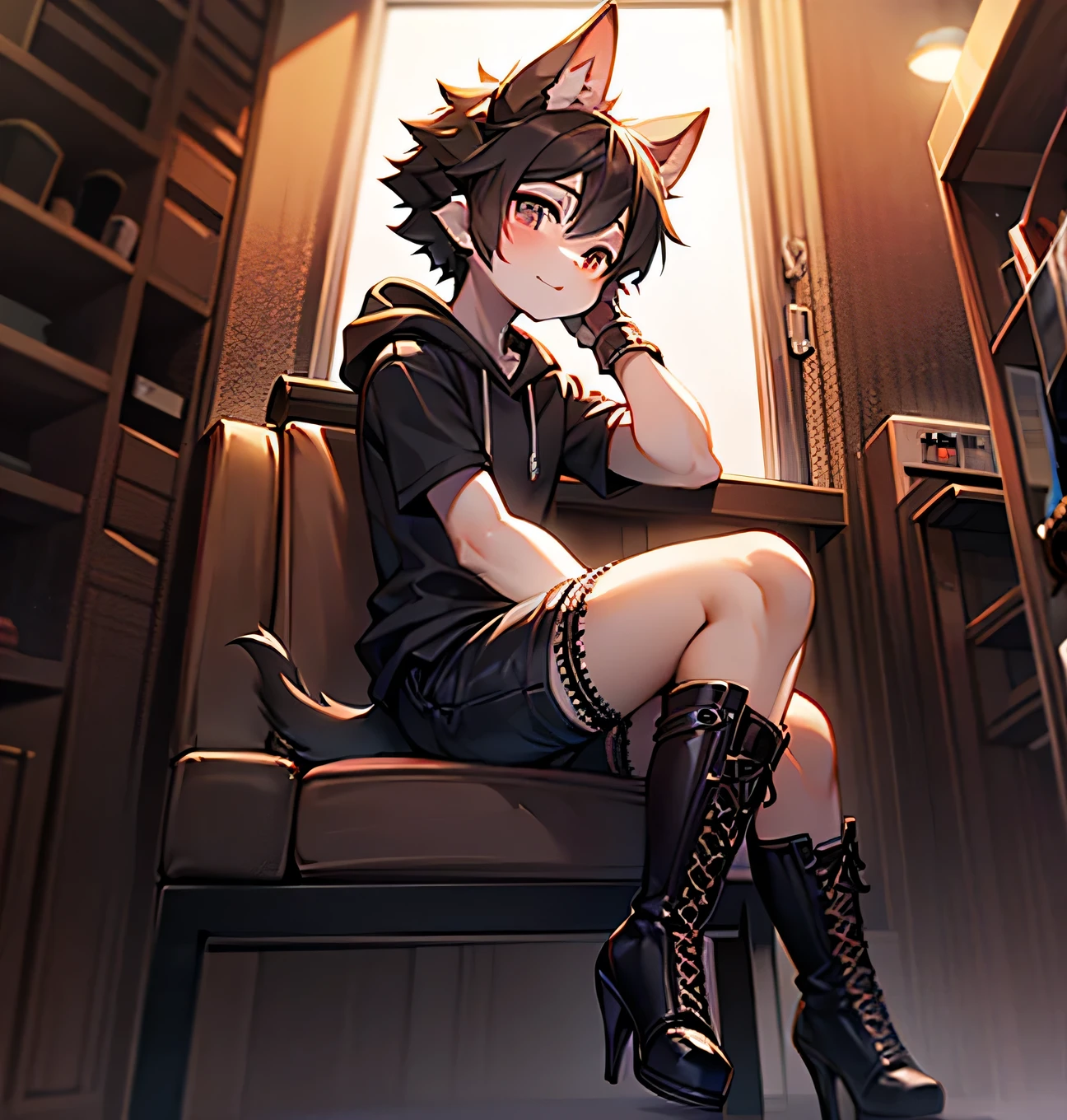 perspective:Close range from the side,alone, 1 person, sitting,Thighs,Black Hair,Shorts,the tail is fluffy, Short sleeve hoodie,Shota, Lace-up long boots,Stiletto heels,