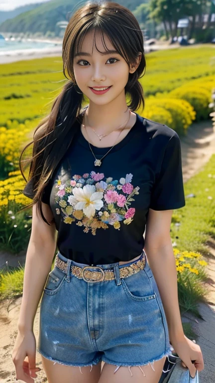 (Highest quality, Intricate details: 1.2) ,1 girl, alone, Looking at the audience, Printed T-shirt, Cowboy Shorts, Long Hair, Lips parted, Realistic,At the Beach,smile,Medium Size,White skin，Twin tails,１６Year,Necklaces and earrings,Standing on a mountain where flower fields are in full bloom、