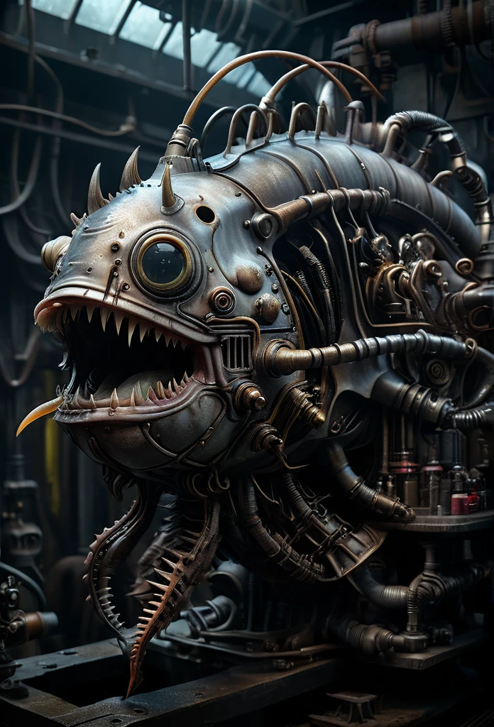 mechanical, anglerfish, 8k photorealistic, cinematic lighting, HD, high details, dramatic, dark atmosphere, great light, perfect composition, vibrant, lush, glossy, elegant, unreal engine, inspired by HR Giger, half body portrait, highly detailed, photo realistic, cinematic, movie still, captured in the style of Sony Alpha A7 III camera