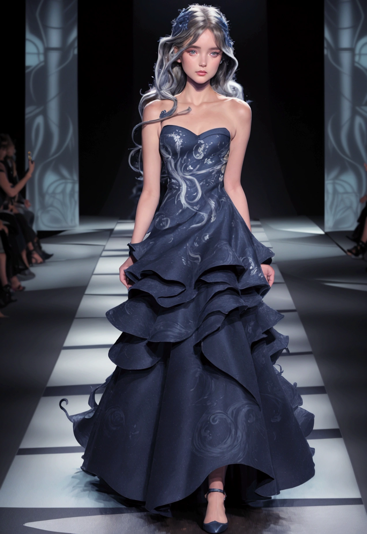 (((Best quality))),((Ultra-detailed)),((illustration)),((Disheveled hair)),((frilld)),(1 girl),(Solo),(Walk the catwalk:1.4), Clothing Model, Dark blue evening dress,gray hair, blue eyes,
