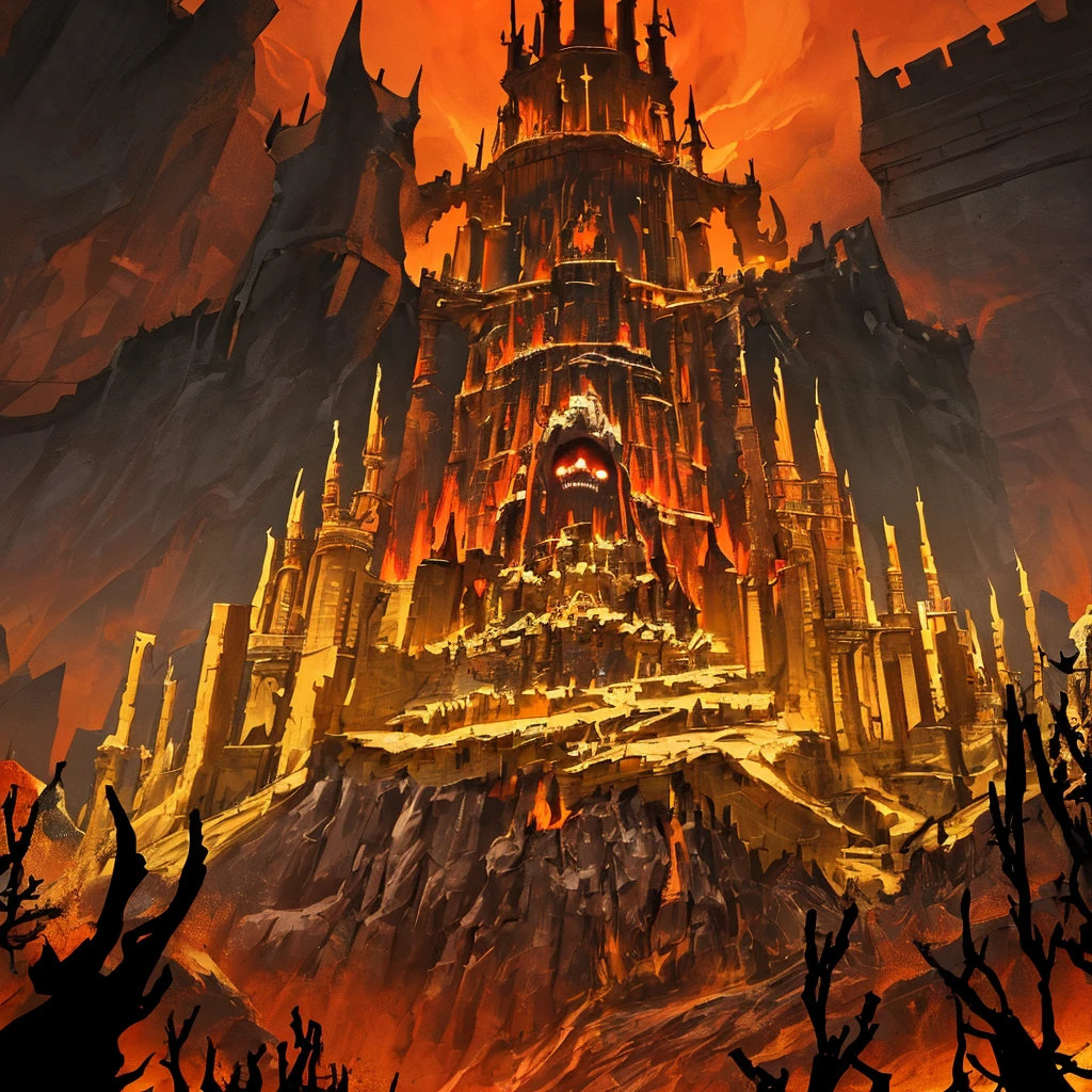Create a Kingdom made of pure Gold from Hell, a Huge menacing castle made of gold in the center, Crimson red sky, Dark clouds, Red Thunder, Withered trees, Dead skeletons, Birds eye view, Hellish landscape,