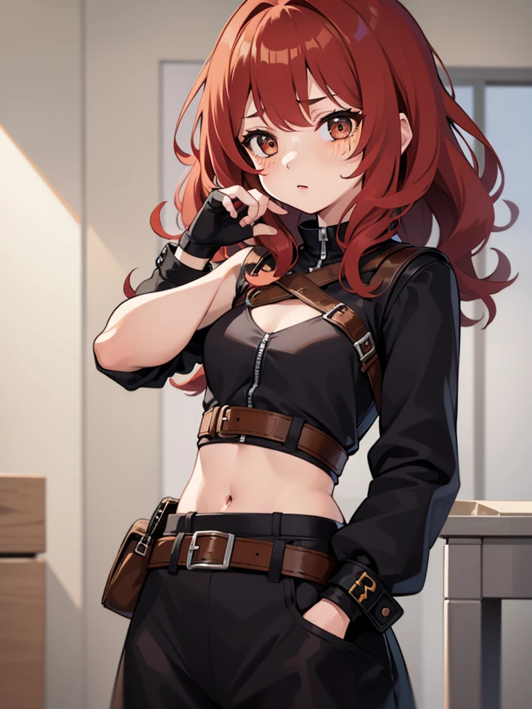 1 girl, Red hair, blushing, curly hair, medium length hair, freckles, brown eyes, fighter, small breasts, fingercut gloves