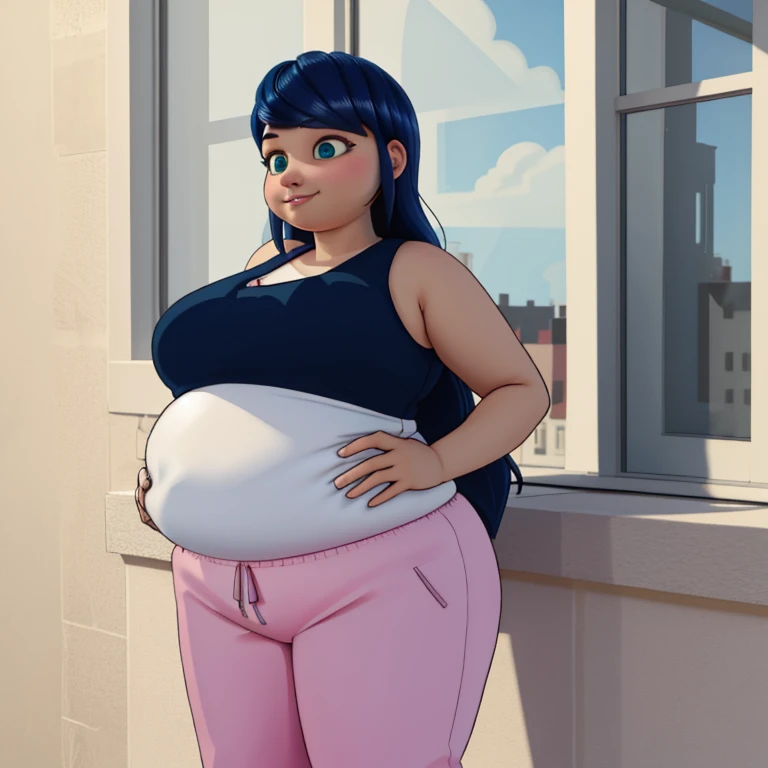 (8k, RAW photo, best quality, masterpiece:1.2), (intricate details), perfect eyes, perfect face, perfect lighting, beautiful, (masterpiece:1.2), (best quality:1.2), 1 fat girl, solo, fat marinette, blue hair, ((long hair down)), adult torso, 17 years old, slight smile, medium sized breasts, (white sleeveless shirt, pink sweatpants), cowboy shot, 3DMM