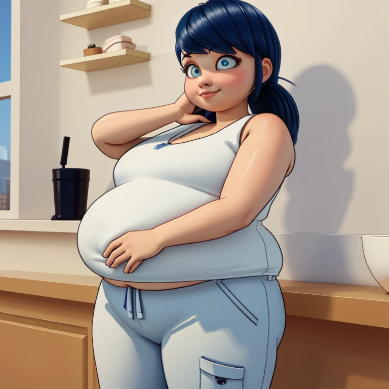 (8k, RAW photo, best quality, masterpiece:1.2), (intricate details), perfect eyes, perfect face, perfect lighting, beautiful, (masterpiece:1.2), (best quality:1.2), 1 fat girl, solo, fat marinette, blue hair, ((long hair down)), adult torso, , slight smile, medium sized breasts, (white sleeveless shirt, pink sweatpants), cowboy shot, 3DMM
