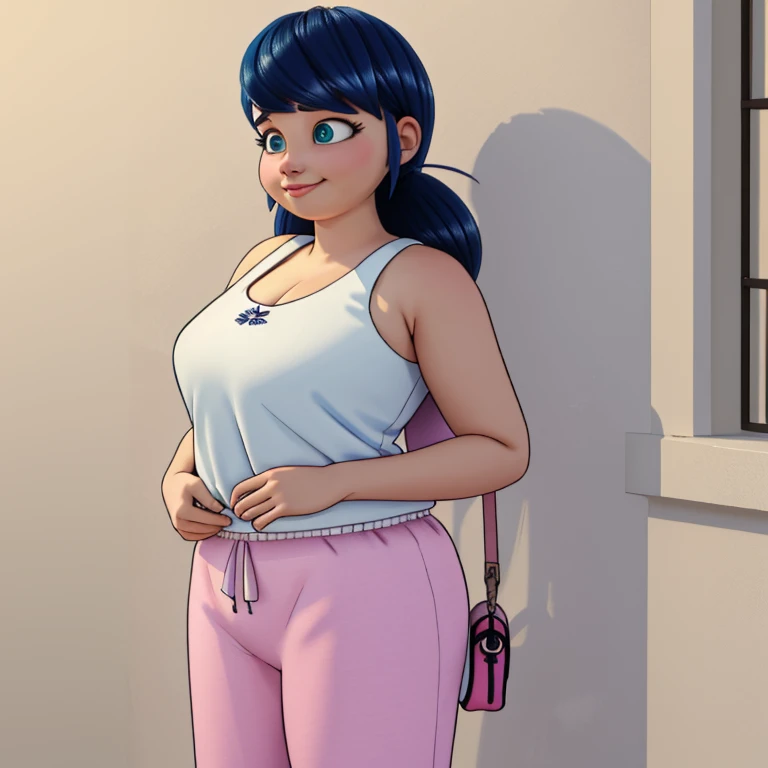 (8k, RAW photo, best quality, masterpiece:1.2), (intricate details), perfect eyes, perfect face, perfect lighting, beautiful, (masterpiece:1.2), (best quality:1.2), 1 fat girl, solo, fat marinette, blue hair, ((long hair down)), adult torso, 17 years old, slight smile, medium sized breasts, (white sleeveless shirt, pink sweatpants), cowboy shot, 3DMM