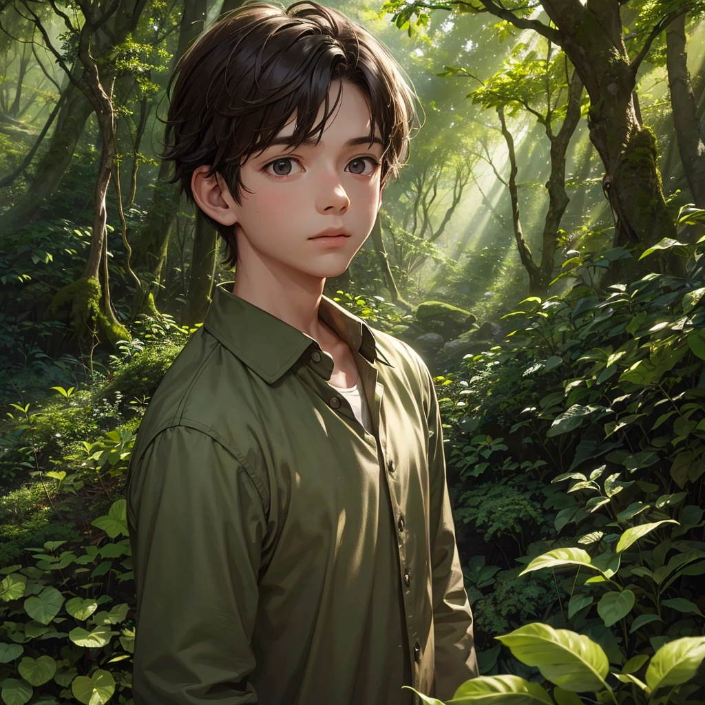 a boy in the forest, detailed facial features, messy brown hair, wandering through dense evergreen trees, sunlight filtering through the leaves, mossy rocks and roots, serene forest atmosphere, intricate details, high quality, cinematic lighting, realistic painting