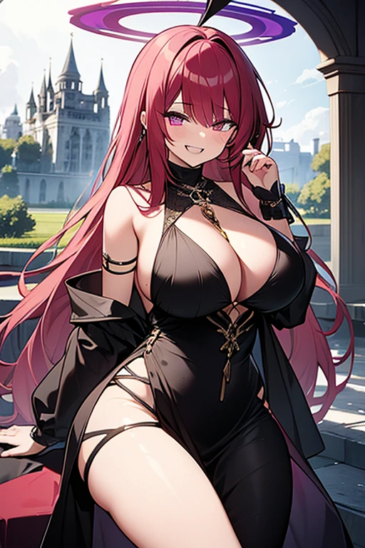 fullbody screencap of female villain. she has long curly red hair and her eyes are hidden by a black blindfold. a purple halo made of ruins above her head. behind her is a fallen castle. Her outfit is that of a high priestess corrupted. her body is adorned with jewels. She has large breasts that spill out of her dress. She smiles at the csmera reveiling fangs.