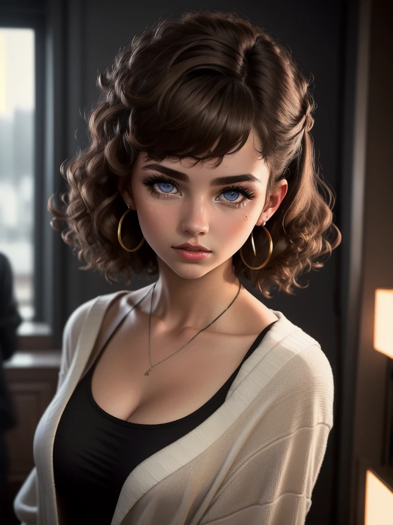 illustration, style of Philip Lorca diCorcia, cinematic film still portrait of young girl aged 18 yrs old, 1girl, solo, Instagram model, athletic figure, modest bust size, deep cleavage, cute face, wearing a black bathrobe, light brown hair, short curly hair, crossed bangs, brown eyes, constricted pupils, hair ribbon, hoop earrings, cinematic lighting, Ultra-Wide Angle, Canon, Hyperrealism, UHD, masterpiece, textured skin, high details, best quality, detailed eyes, detailed iris, full body photo