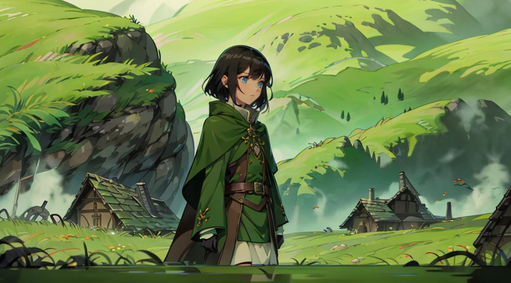 yuichiro hyakuya girl, (WithoutFear:1), 1 girl, black hair, green eyes, brown coat, gray armor, elves, sylvan, green shield, green cloak, dark brown gloves, forest, white fur trim, anime, standing, good quality, portrait, looking at viewer