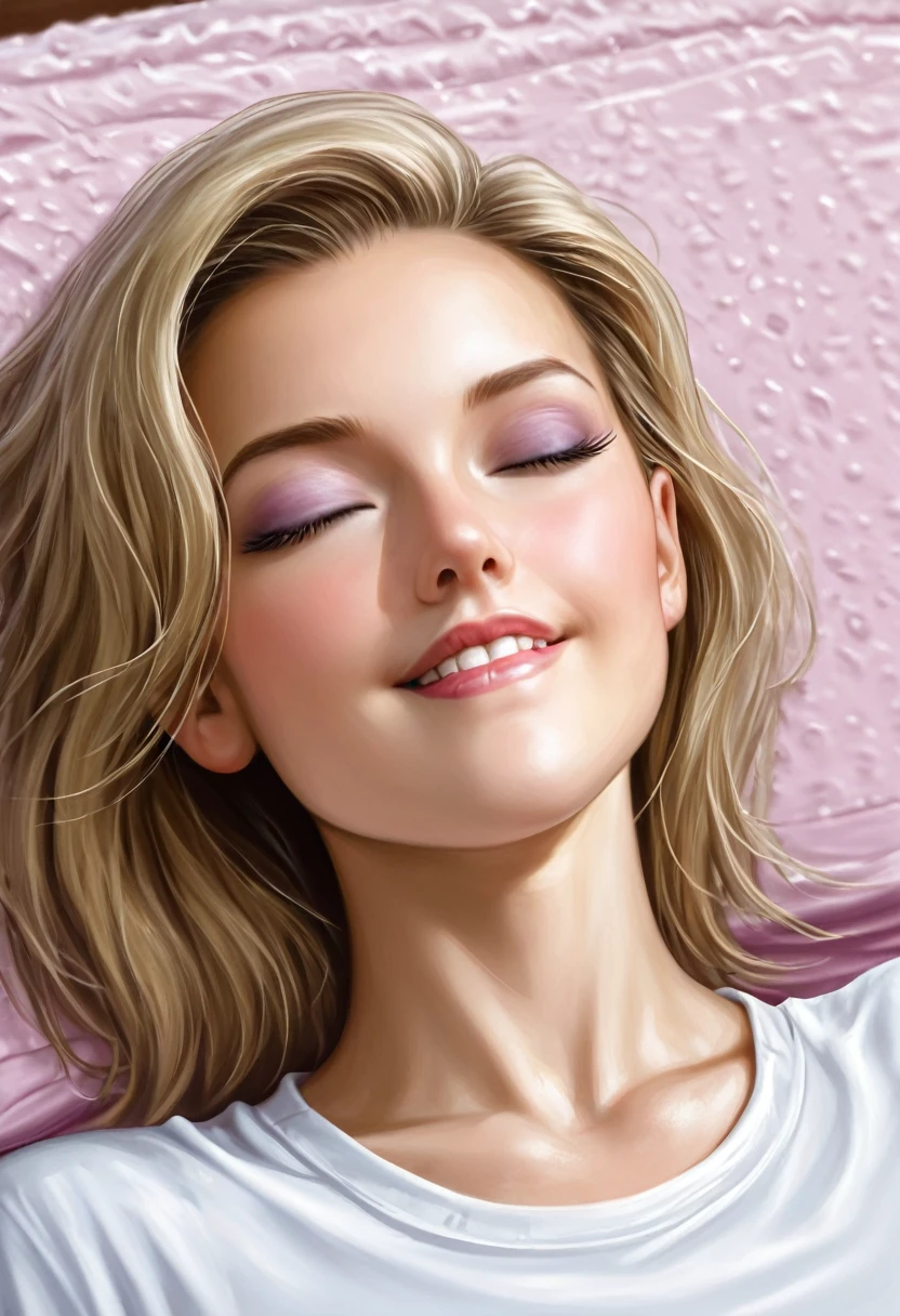 a woman (beautiful and sexy), who is lying on a "white" mattress (with her eyes closed and biting her lip because of arousal), very detailed (face photo with her expression), very realistic (8k, UHD quality, realistic photography, amazingly detailed ), cinematic atmosphere