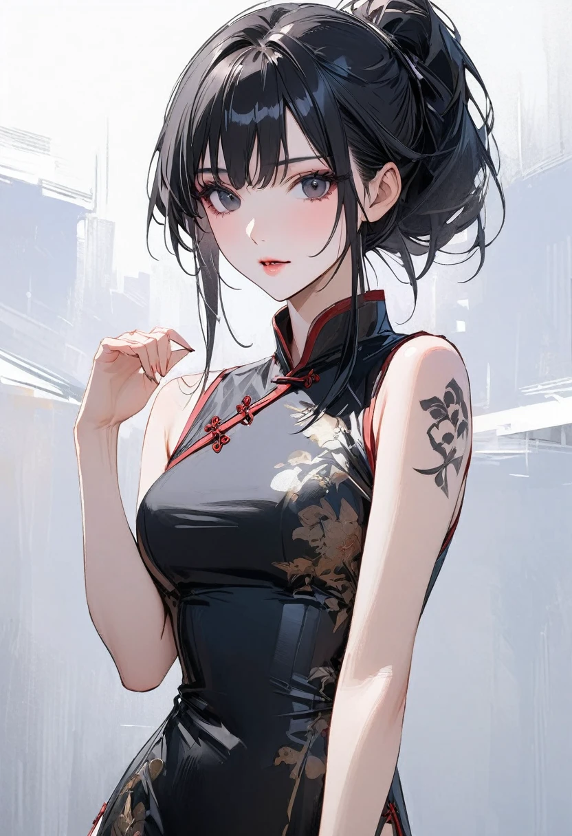 Young girl black hair black eyes cyberpunk high quality masterpiece high detail half body photo Chinese style with tattoos wearing cheongsam